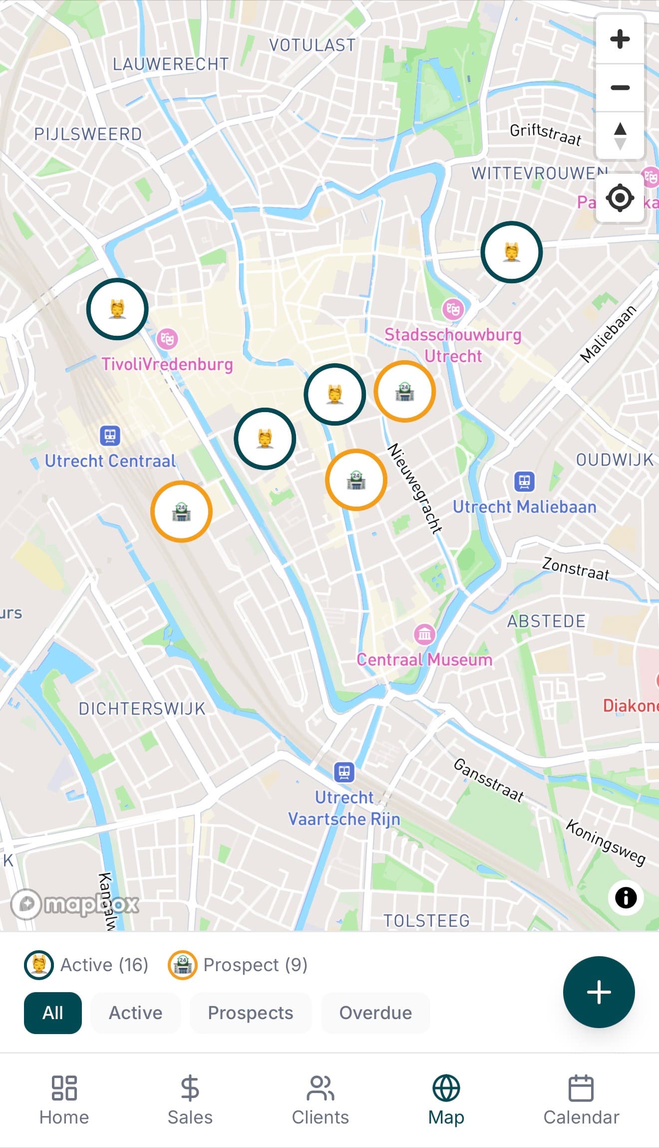 QMS Mobile — kaartweergave met klantlocaties